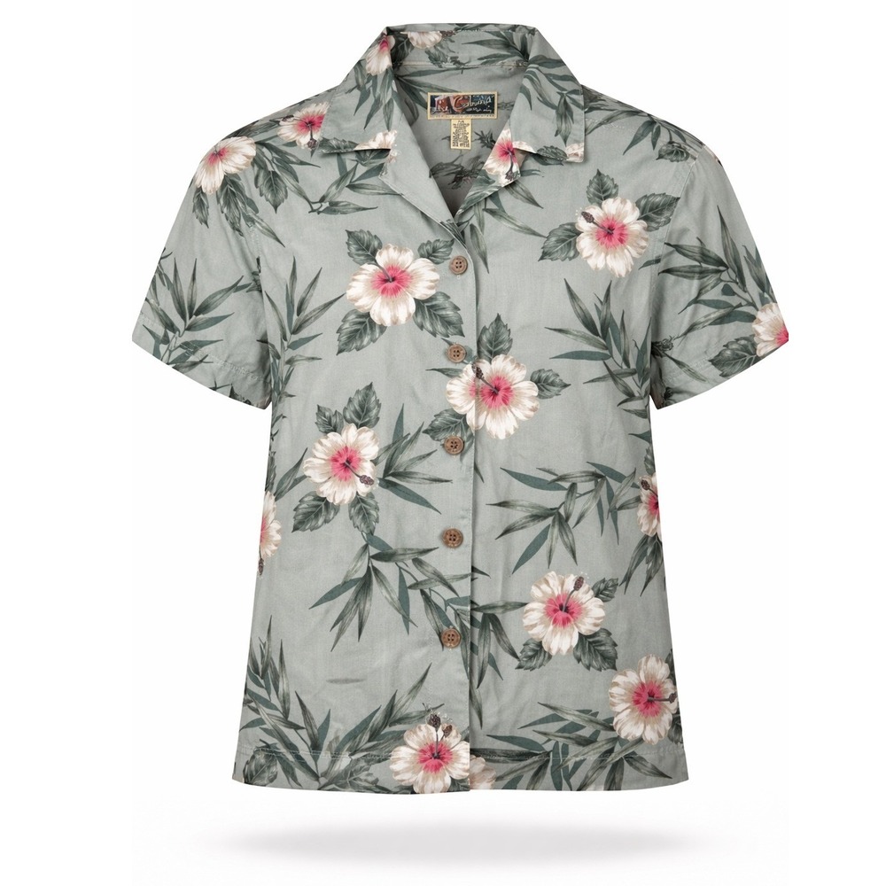 Vintage La Cabana Petite Womens Sage Green Floral Rayon Hawaiian Shirt PS